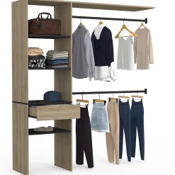 Kit dressing MELINE 160 x 40 x 180 cm hêtre avec étagères noires + tiroir + double penderie