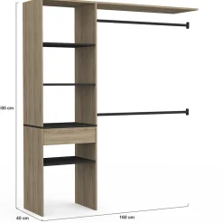 Kit dressing MELINE 160 x 40 x 180 cm hêtre avec étagères noires + tiroir + double penderie