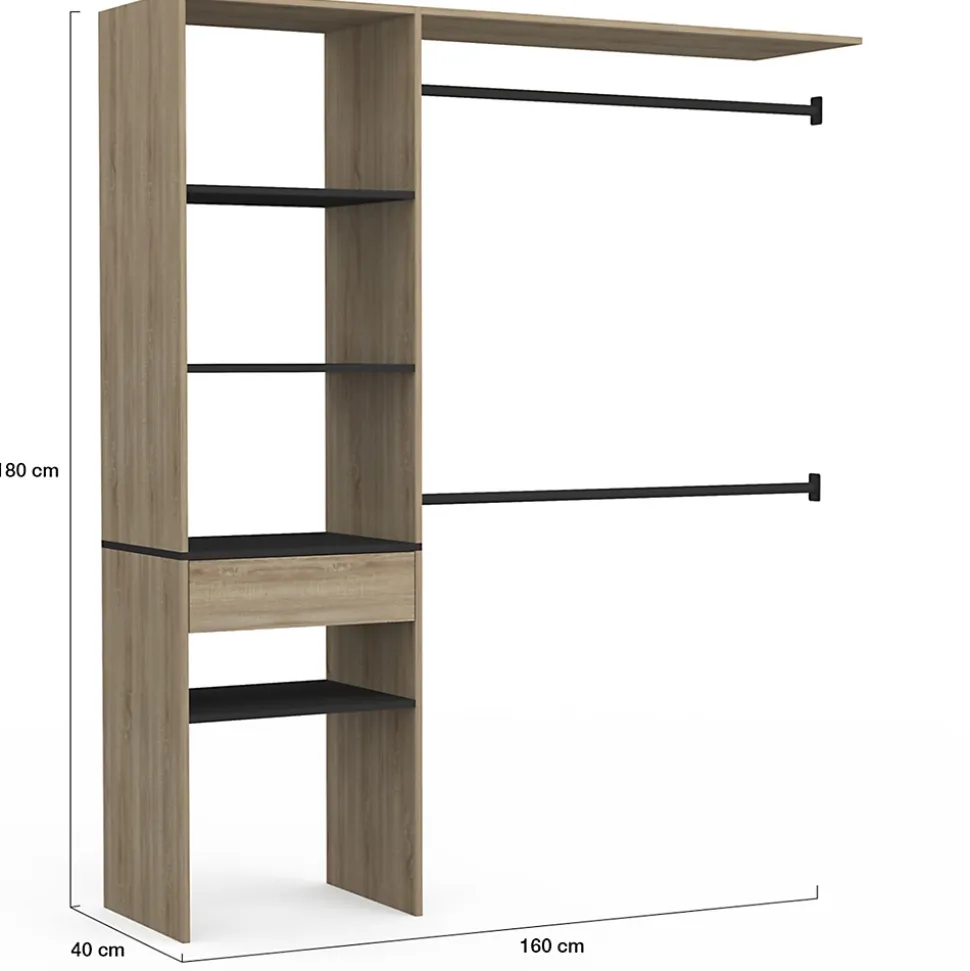 Kit dressing MELINE 160 x 40 x 180 cm hêtre avec étagères noires + tiroir + double penderie