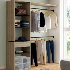 Kit dressing MELINE 160 x 40 x 180 cm hêtre avec étagères noires + tiroir + double penderie
