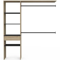 Kit dressing MELINE 160 x 40 x 180 cm hêtre avec étagères noires + tiroir + double penderie