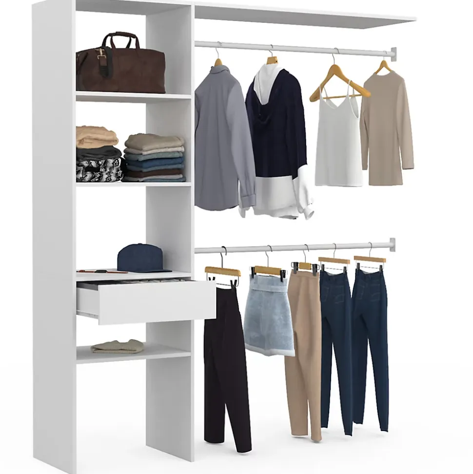 Kit dressing MELINE 160 x 40 x 180 cm blanc avec étagères + tiroir + double penderie