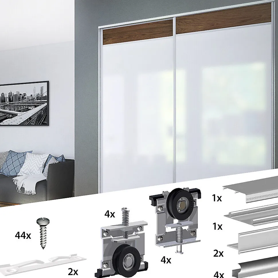 Kit SLID'UP 210 aluminium anodisé naturel pour 2 portes de placard coulissantes 16 mm - rail 1,8 m - 70 kg