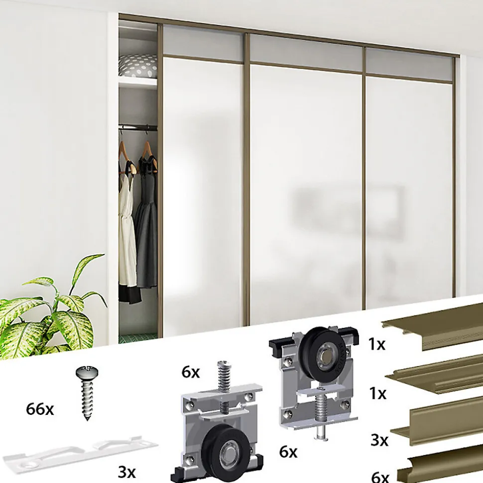Kit SLID'UP 210 aluminium anodisé bronze pour 3 portes de placard coulissantes 16 mm - rail 2,7 m - 70 kg