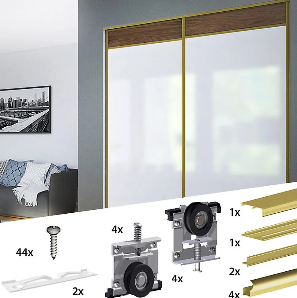 Kit SLID'UP 220 aluminium anodisé or pour 2 portes de placard coulissantes 18 mm - rail 1,8 m - 70 kg