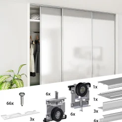 Kit SLID'UP 220 aluminium anodisé naturel pour 3 portes de placard coulissantes 18 mm - rail 2,7 m - 70 kg