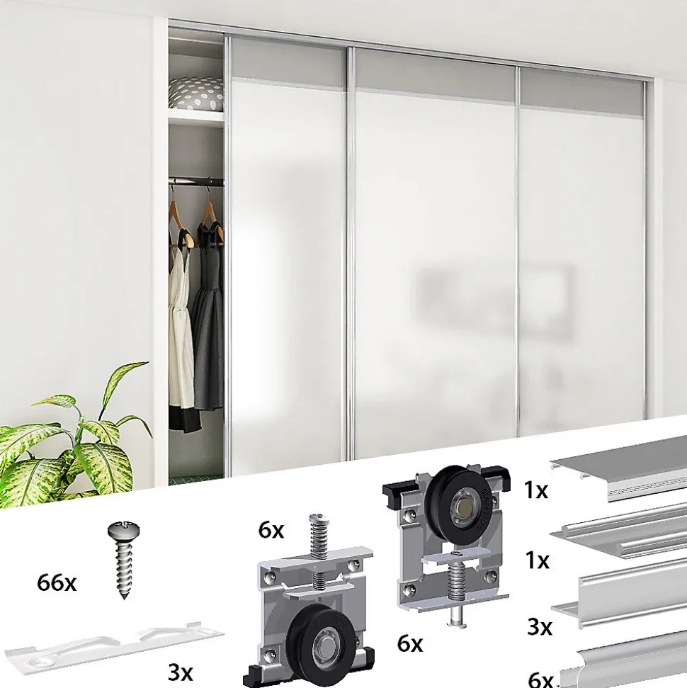 Kit SLID'UP 220 aluminium anodisé naturel pour 3 portes de placard coulissantes 18 mm - rail 2,7 m - 70 kg