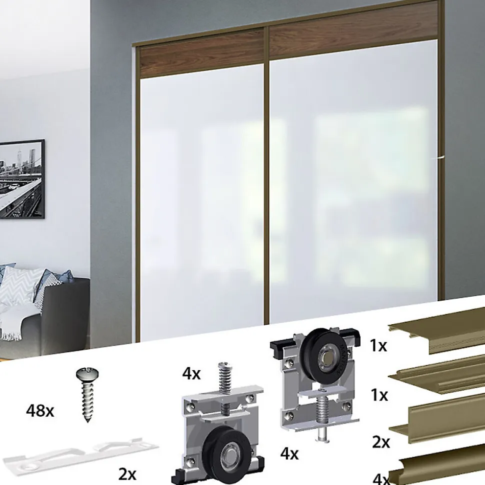 Kit SLID'UP 230 aluminium anodisé bronze pour 2 portes de placard coulissantes 19 mm - rail 1,8 m - 70 kg
