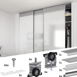 Kit SLID'UP 210 aluminium anodisé naturel pour 3 portes de placard coulissantes 16 mm - rail 2,7 m - 70 kg