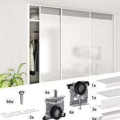 Kit SLID'UP 220 aluminium blanc pour 3 portes de placard coulissantes 18 mm - rail 2,7 m - 70 kg