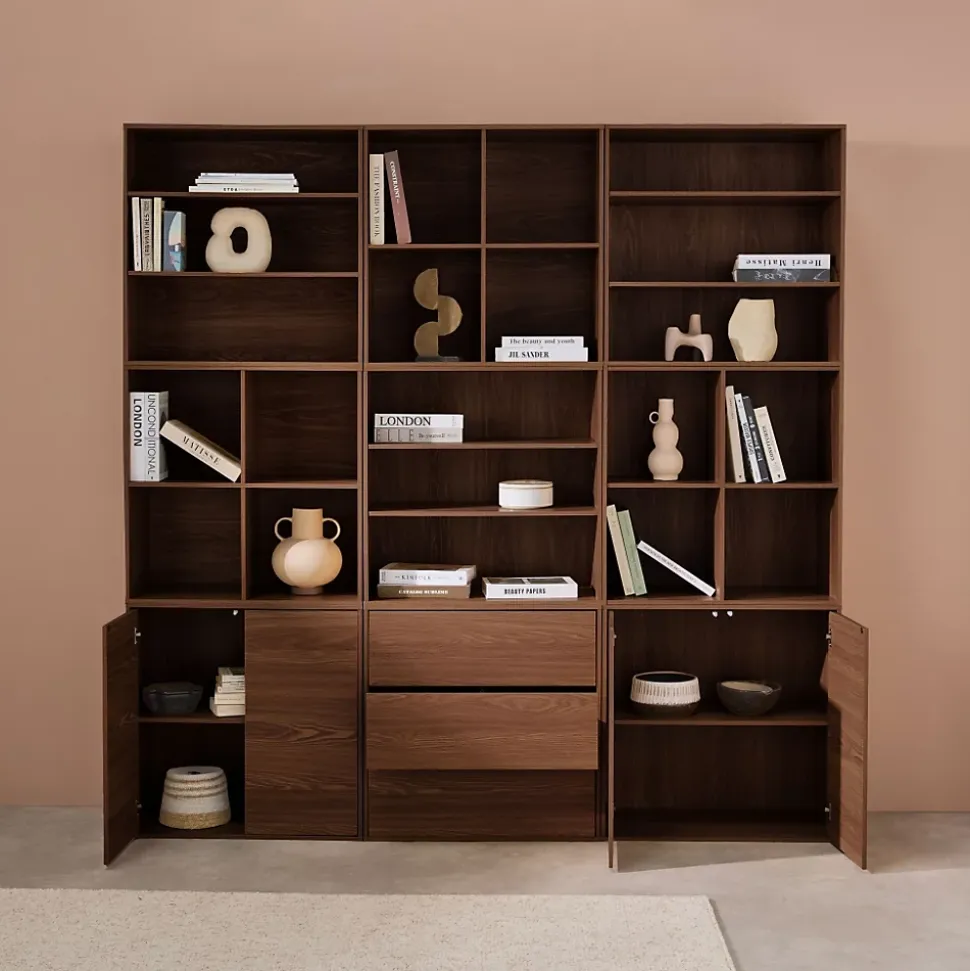 Kit étagère. bibliothèque décor bois noyer 9 éléments 100% modulable L 210 x P 35 x H 210cm - Kompo