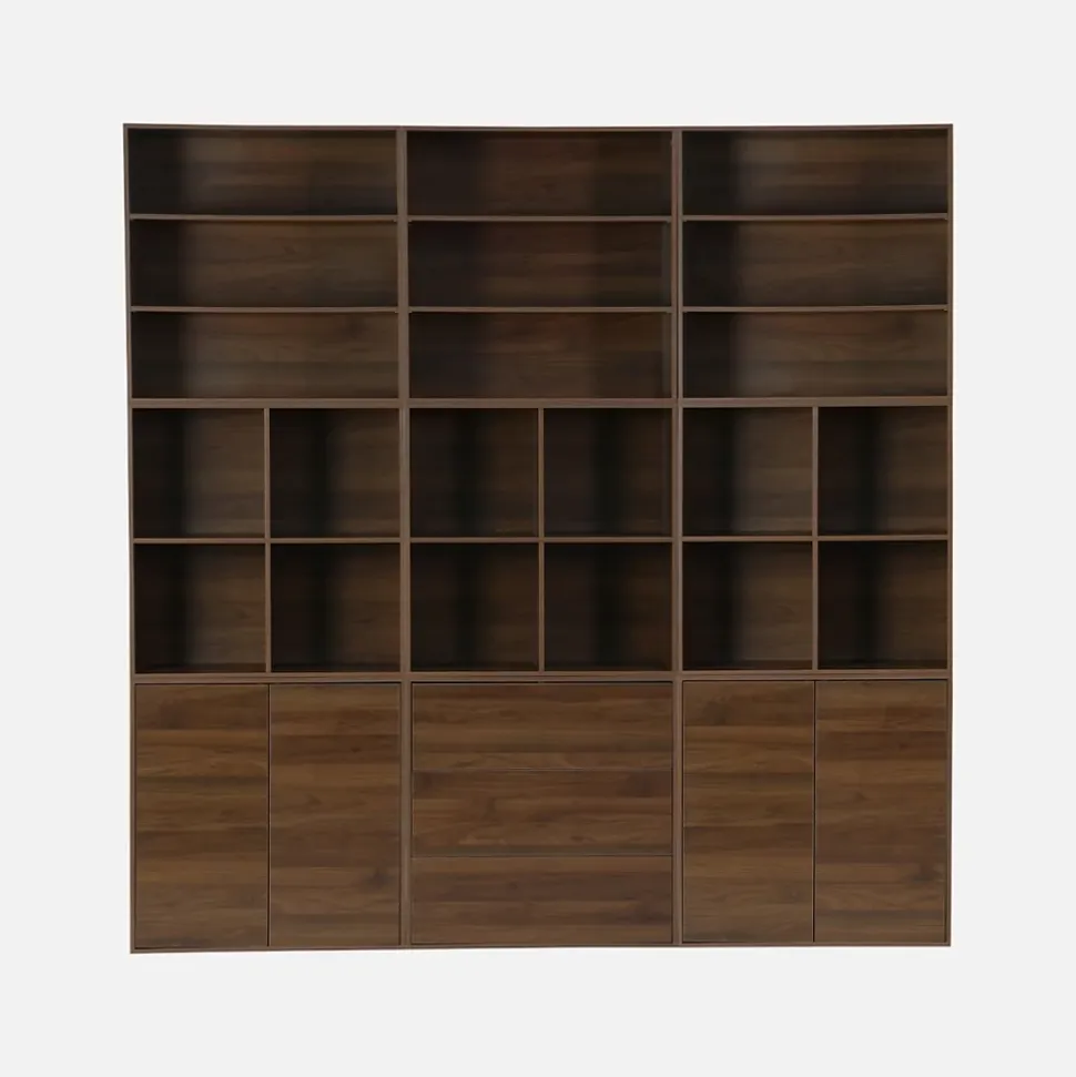 Kit étagère. bibliothèque décor bois noyer 9 éléments 100% modulable L 210 x P 35 x H 210cm - Kompo