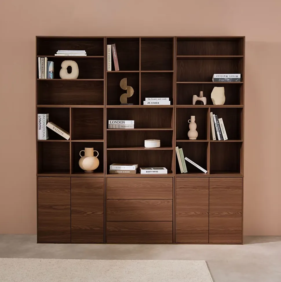 Kit étagère. bibliothèque décor bois noyer 9 éléments 100% modulable L 210 x P 35 x H 210cm - Kompo