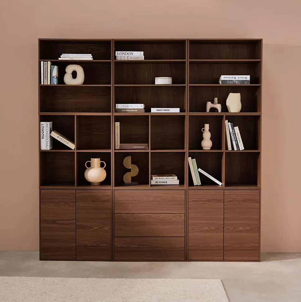 Kit étagère. bibliothèque décor bois noyer 9 éléments 100% modulable L 210 x P 35 x H 210cm - Kompo