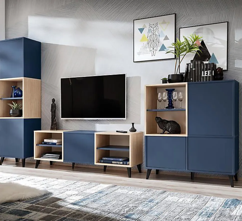 komodee, Ensembles de Meubles TV Fondi, 3 armoires, bleu, bois clair, 173 x 35x 272 cm, style scandinave, pour salon, bureau