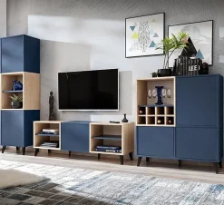 komodee, Ensembles de Meubles TV Fondi, 3 armoires avec casier à vin, bleu, bois clair, 173 x 35x 272 cm, pour salon, bureau