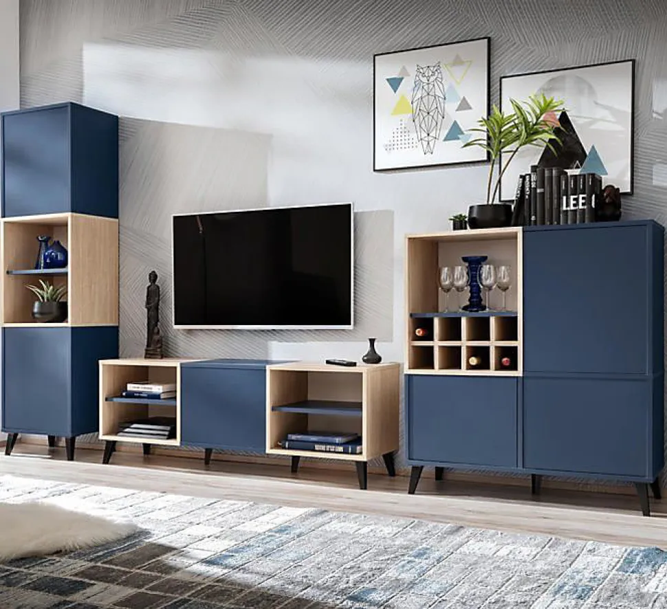 komodee, Ensembles de Meubles TV Fondi, 3 armoires avec casier à vin, bleu, bois clair, 173 x 35x 272 cm, pour salon, bureau