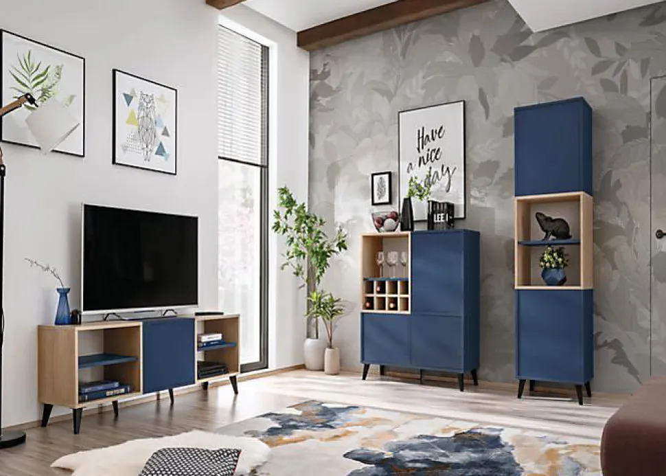 komodee, Ensembles de Meubles TV Fondi, 3 armoires avec casier à vin, bleu, bois clair, 173 x 35x 272 cm, pour salon, bureau