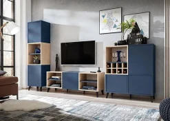 komodee, Ensembles de Meubles TV Fondi, 3 armoires avec casier à vin, bleu, bois clair, 173 x 35x 272 cm, pour salon, bureau