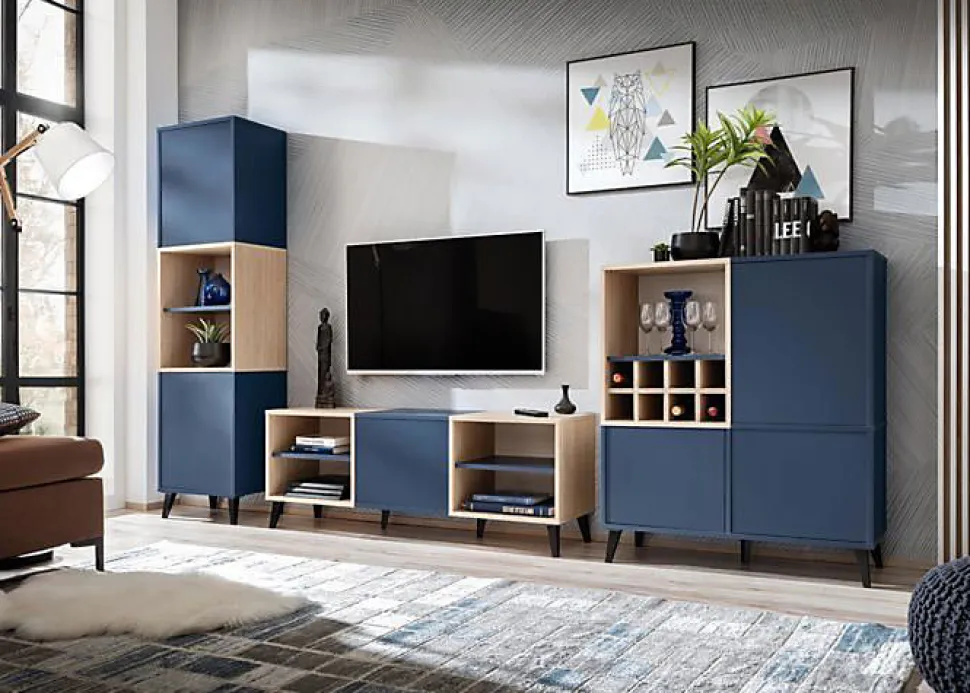 komodee, Ensembles de Meubles TV Fondi, 3 armoires avec casier à vin, bleu, bois clair, 173 x 35x 272 cm, pour salon, bureau