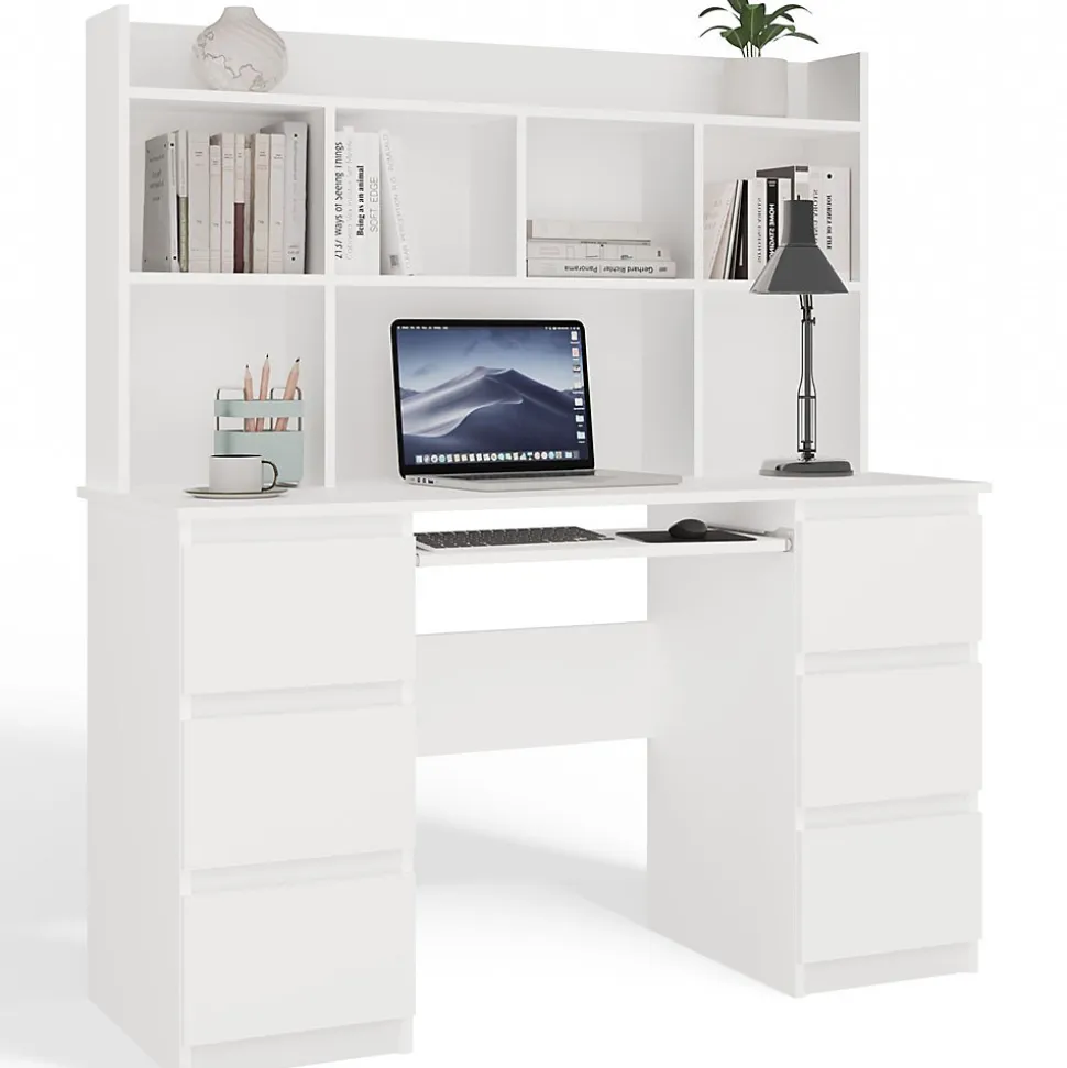 KUBA - Bureau extensible - 6 tiroirs, 5 étagères - 130x51x146 cm - BLANC