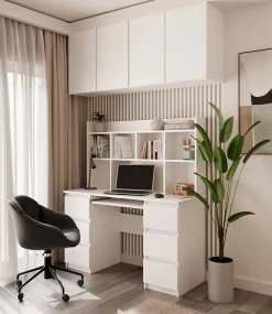 KUBA - Bureau extensible - 6 tiroirs, 5 étagères - 130x51x146 cm - BLANC