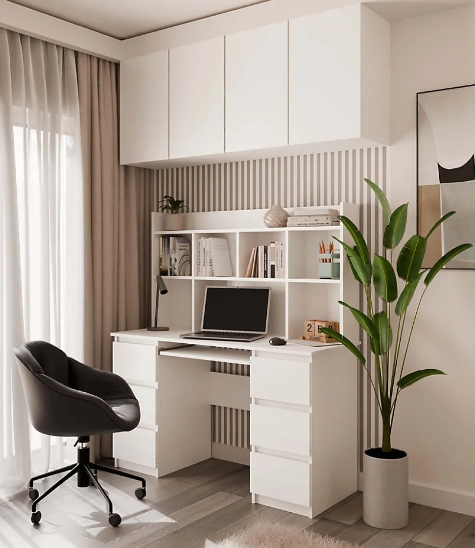 KUBA - Bureau extensible - 6 tiroirs, 5 étagères - 130x51x146 cm - BLANC
