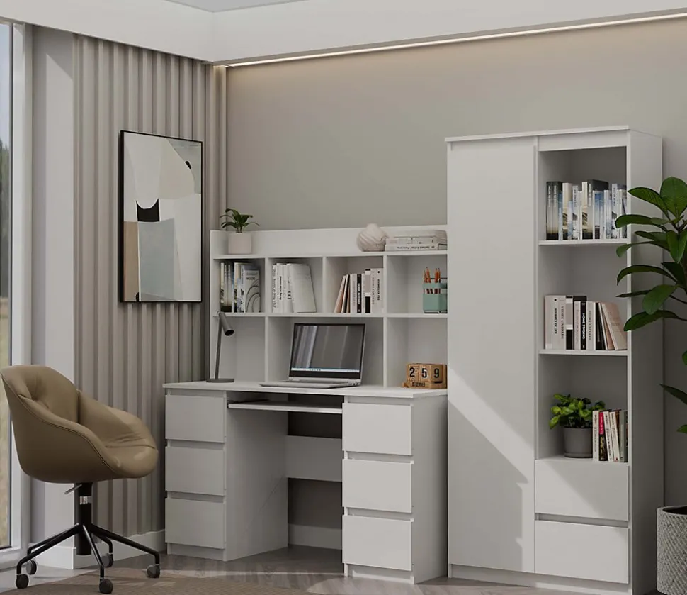 KUBA - Bureau extensible - 6 tiroirs, 5 étagères - 130x51x146 cm - BLANC
