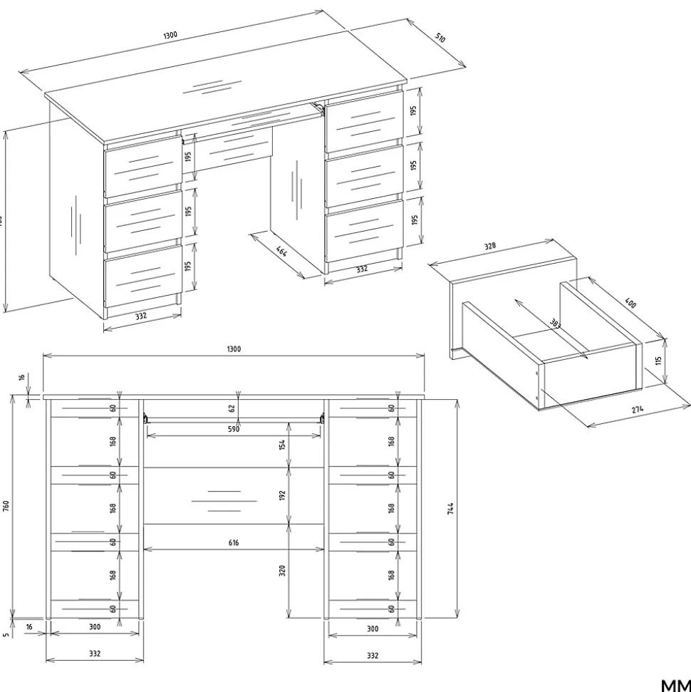 KUBA - Bureau extensible - 6 tiroirs, 5 étagères - 130x51x146 cm - BLANC
