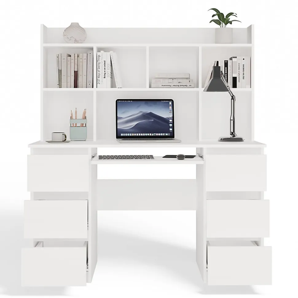 KUBA - Bureau extensible - 6 tiroirs, 5 étagères - 130x51x146 cm - BLANC