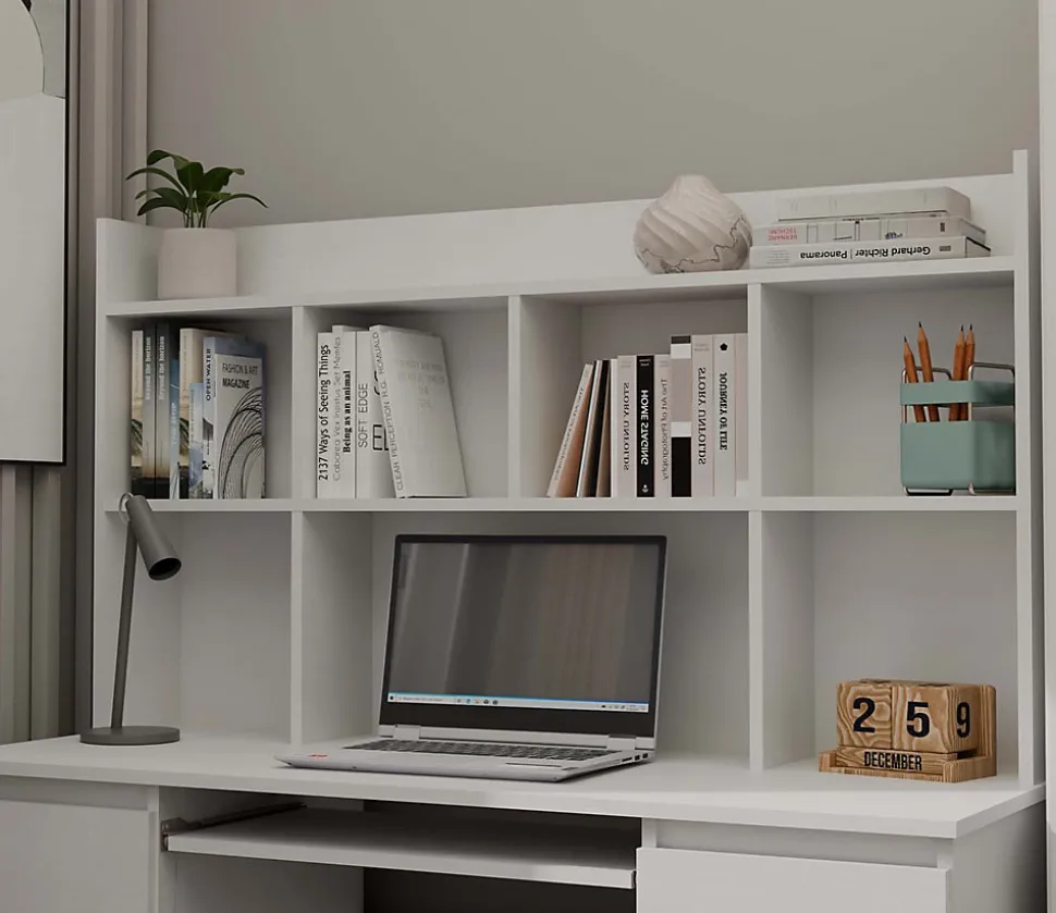 KUBA - Bureau extensible - 6 tiroirs, 5 étagères - 130x51x146 cm - BLANC