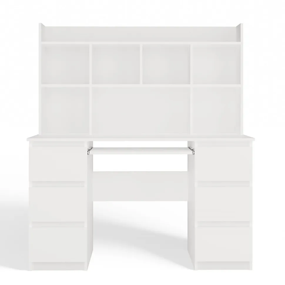 KUBA - Bureau extensible - 6 tiroirs, 5 étagères - 130x51x146 cm - BLANC