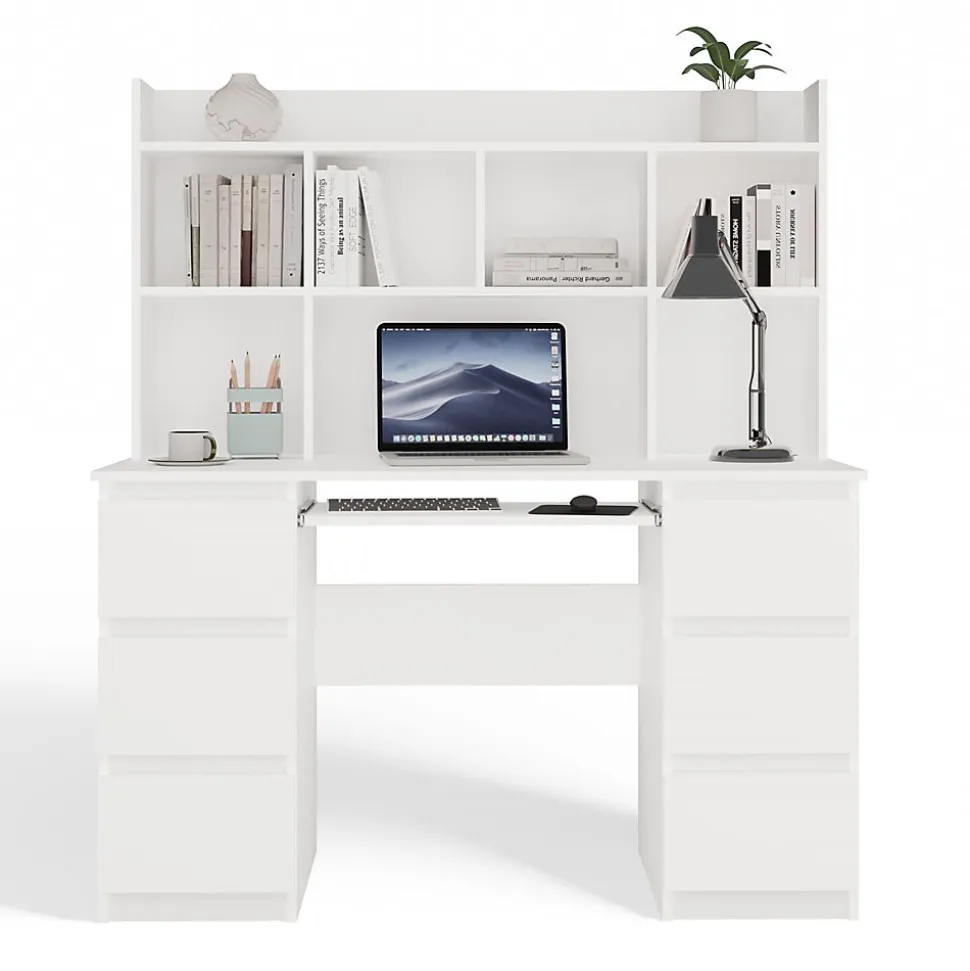 KUBA - Bureau extensible - 6 tiroirs, 5 étagères - 130x51x146 cm - BLANC