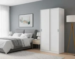 Lansing Armoire, Armoire de Chambre avec 2 portes coulissantes, Armoire avec Etagere et tringle à vêtements, 100x50h200 cm, Blanc