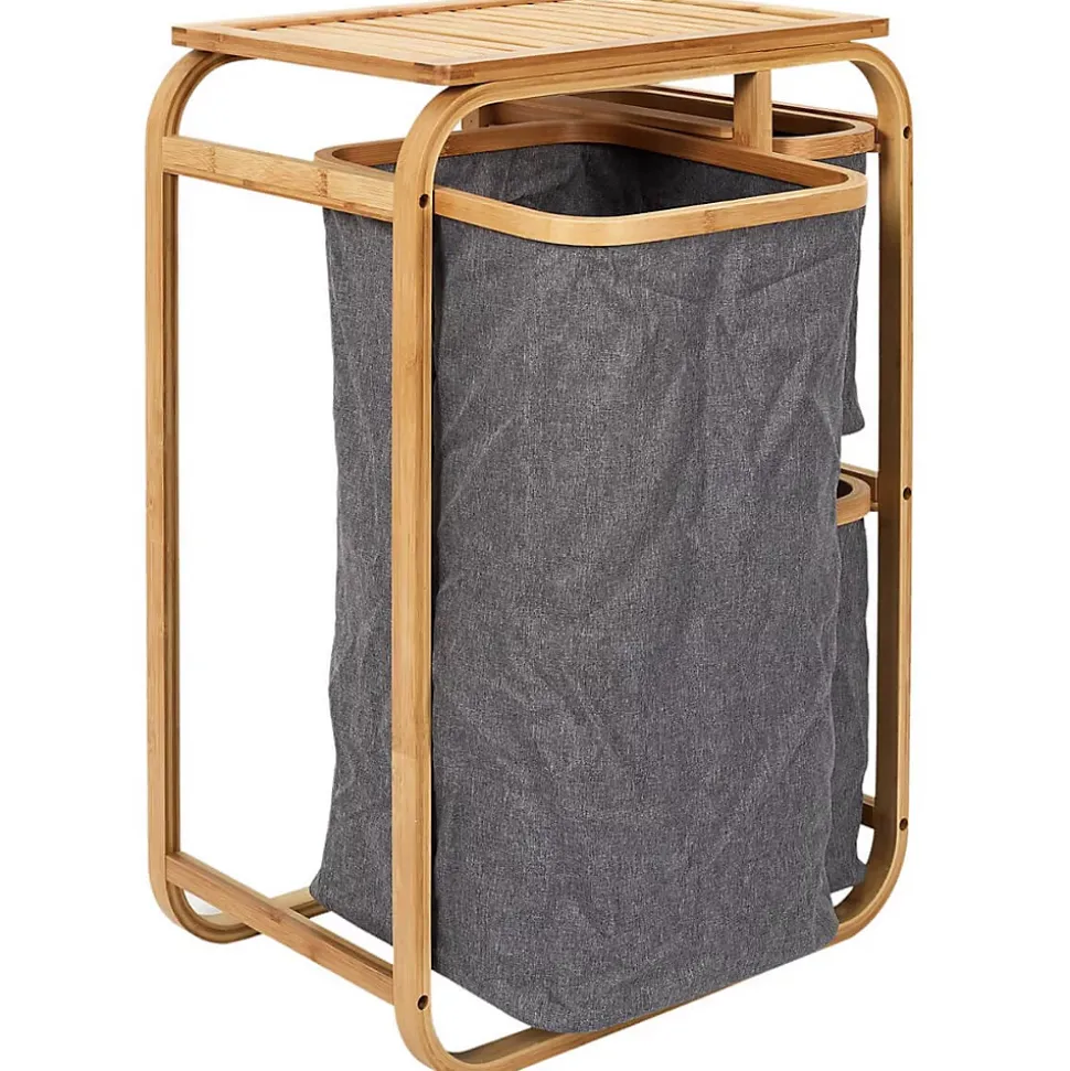 LAZEN - Rangement à 3 Panières en Bambou et Tissu Gris