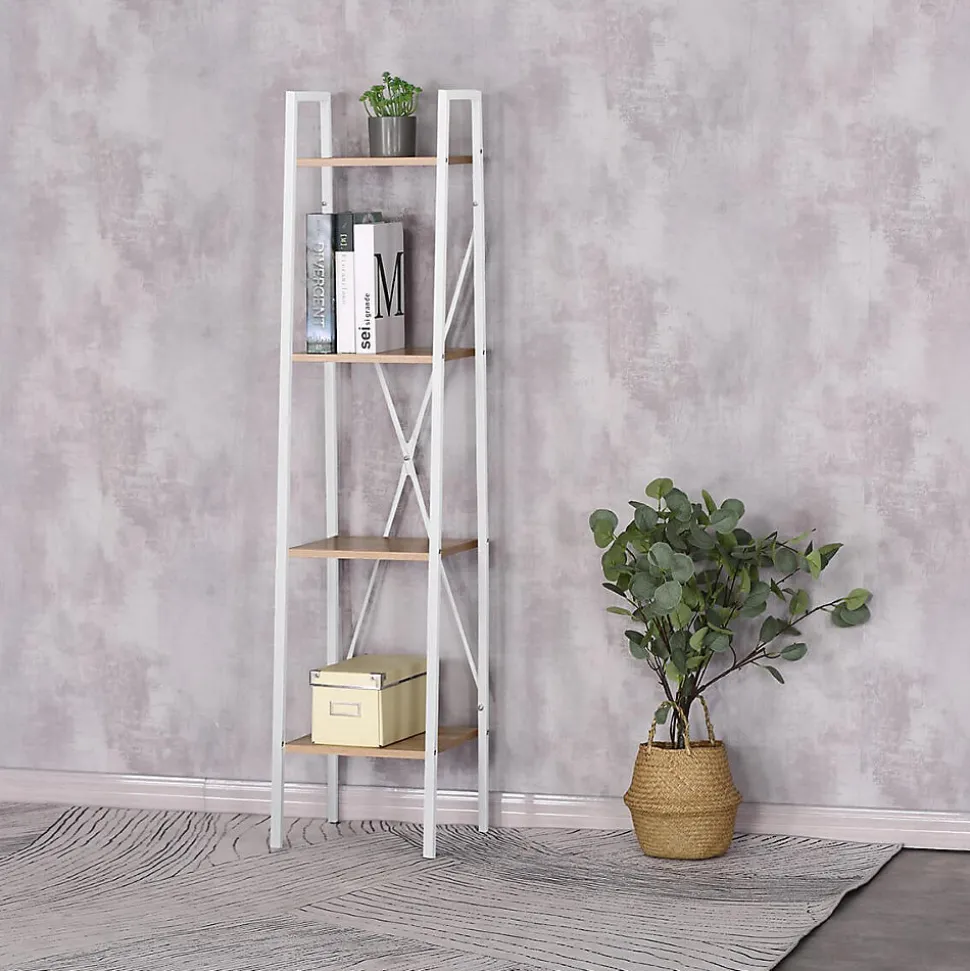LIETA - Etagère Colonne à 4 Niveaux Bois et Métal Blanc
