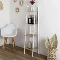 LIETA - Etagère Colonne à 4 Niveaux Bois et Métal Blanc