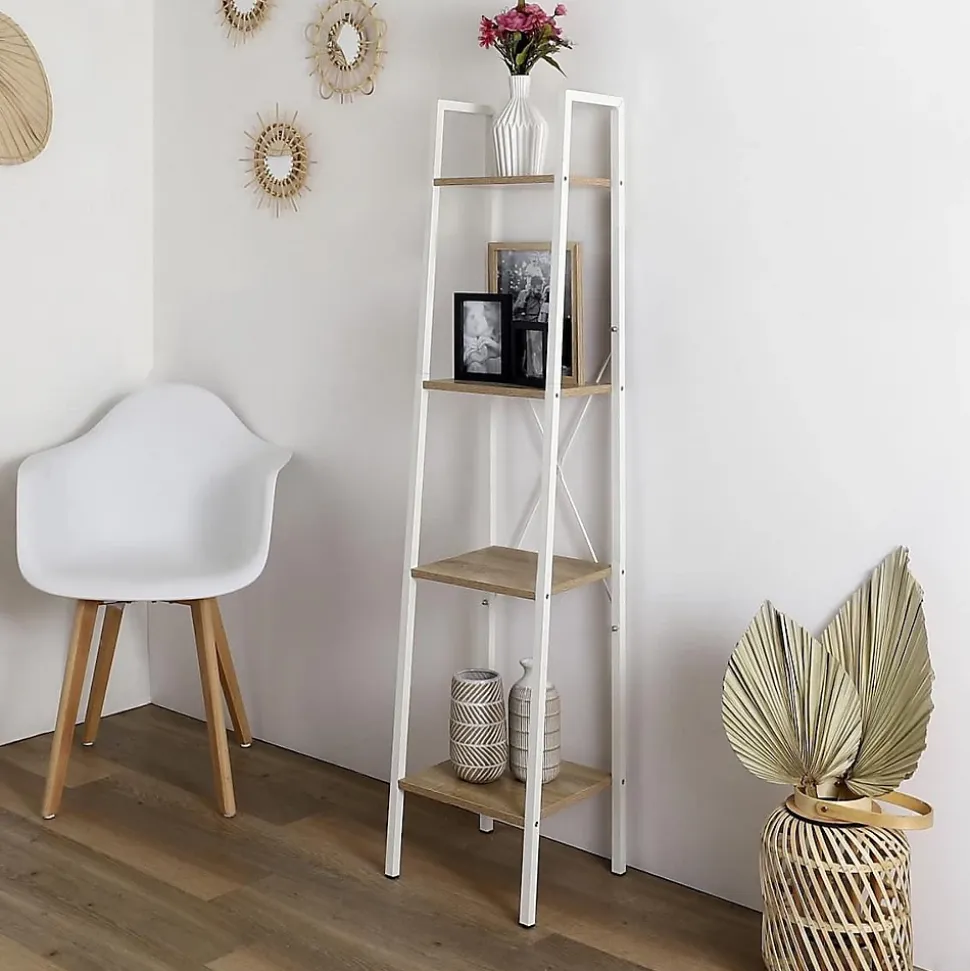 LIETA - Etagère Colonne à 4 Niveaux Bois et Métal Blanc