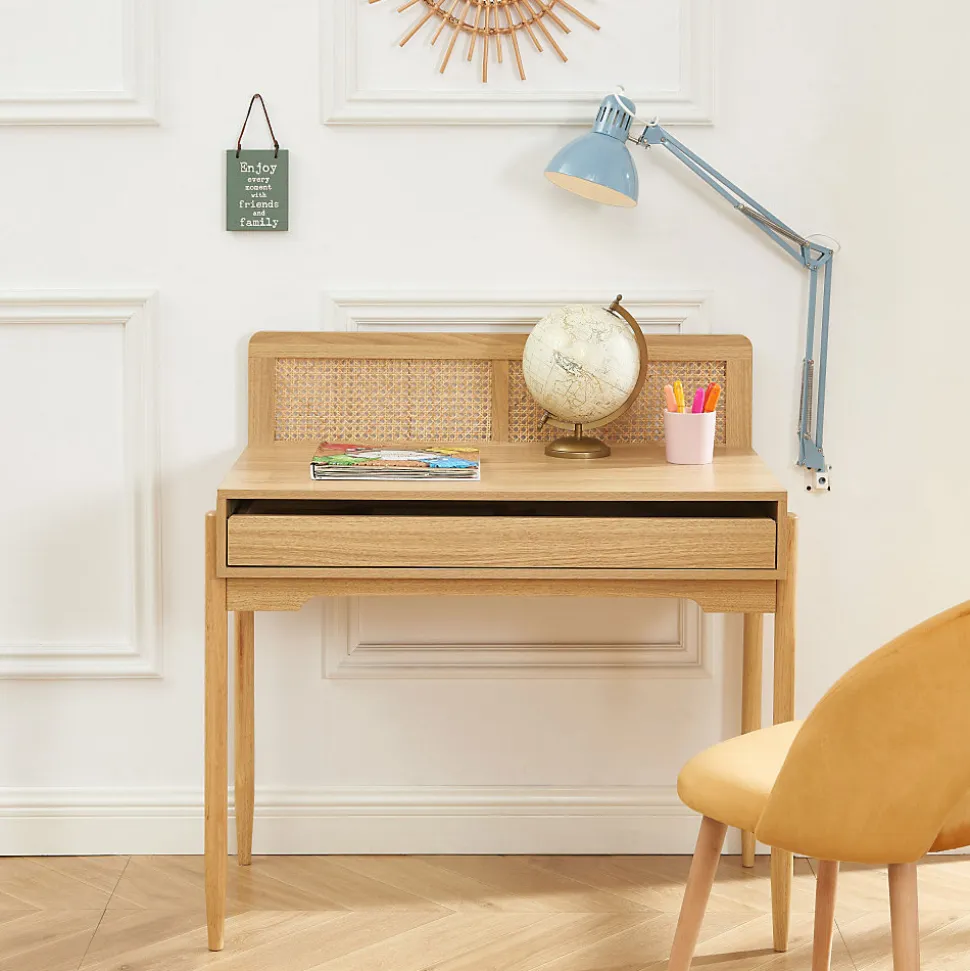 Lilou - Bureau enfant 1 tiroir en bois et cannage H95cm - Bois clair
