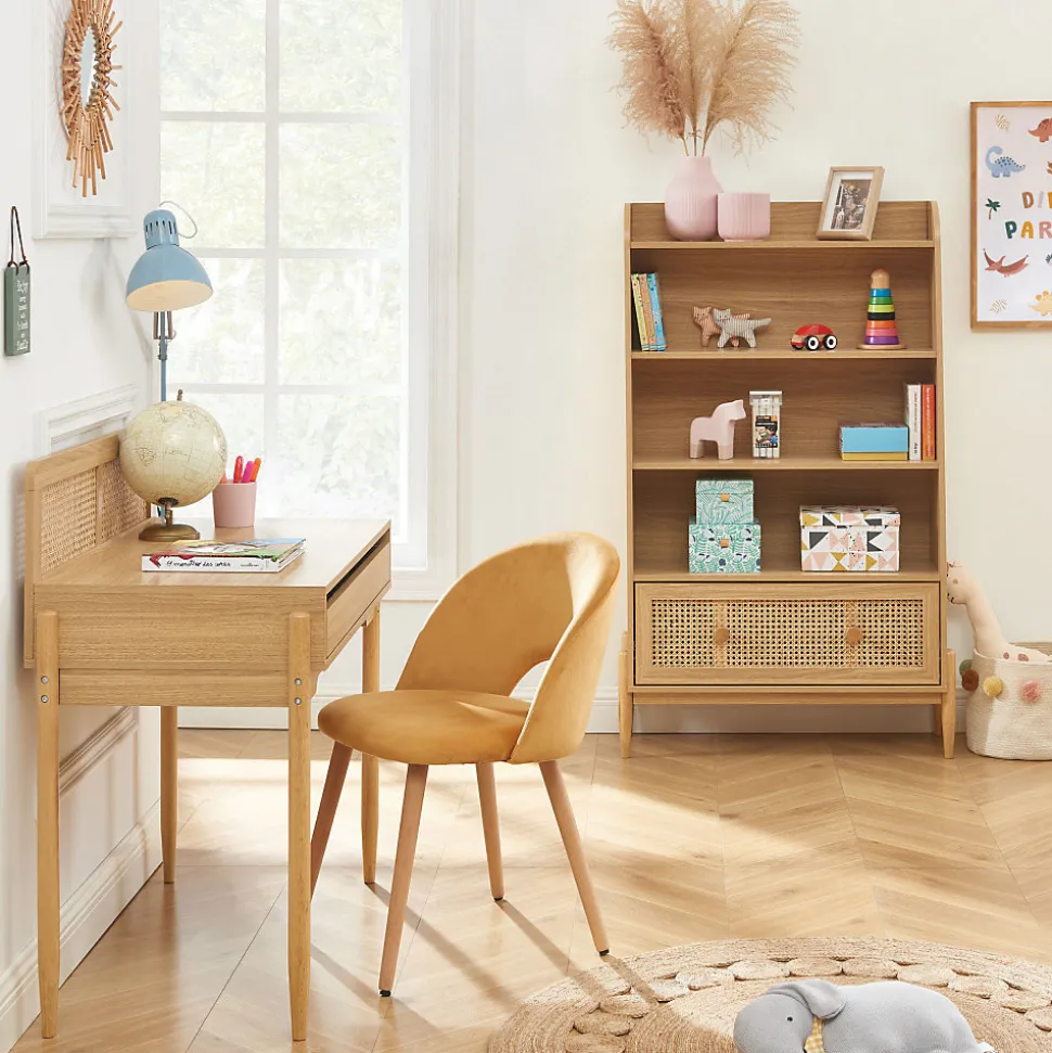 Lilou - Bureau enfant 1 tiroir en bois et cannage H95cm - Bois clair