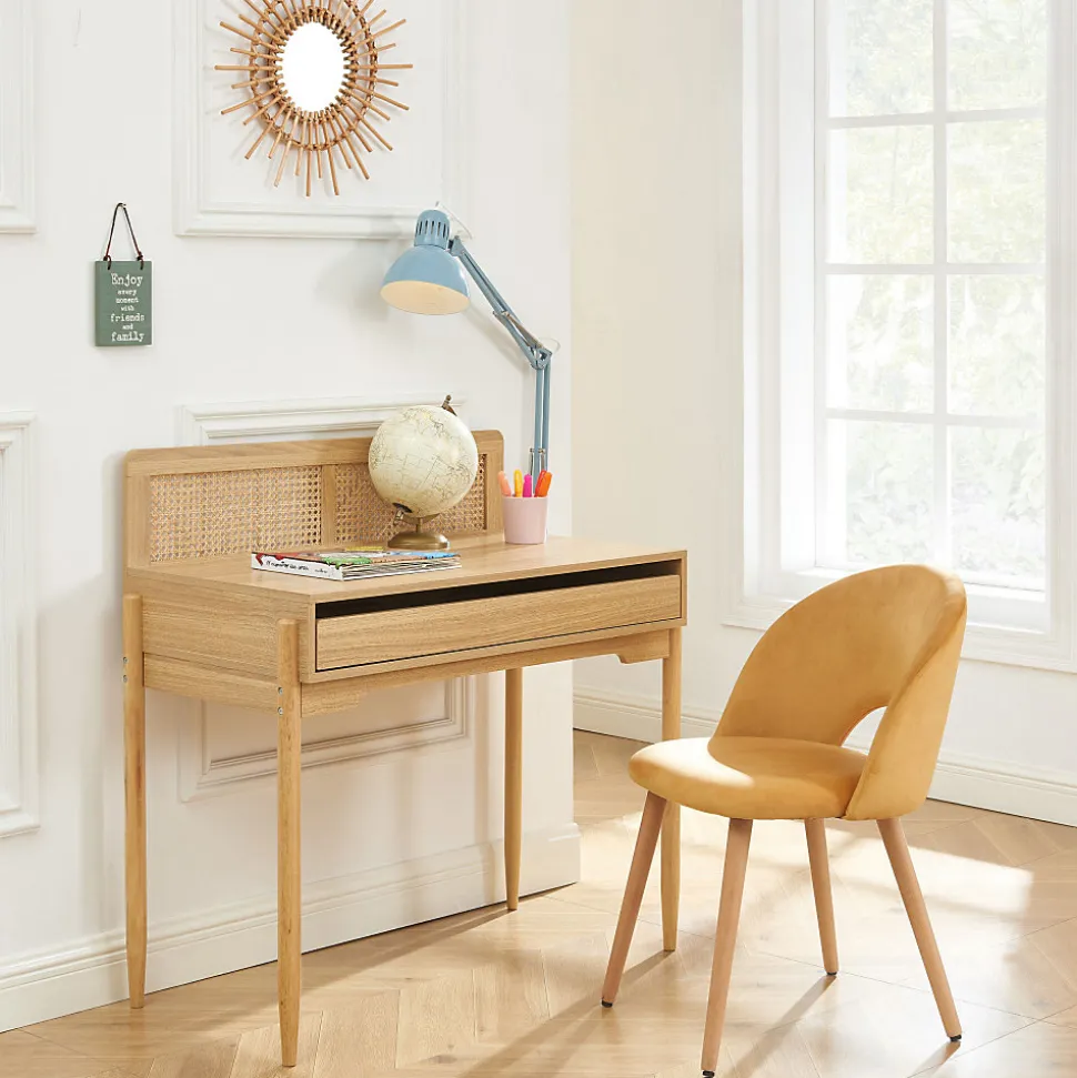 Lilou - Bureau enfant 1 tiroir en bois et cannage H95cm - Bois clair
