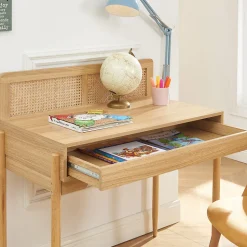 Lilou - Bureau enfant 1 tiroir en bois et cannage H95cm - Bois clair
