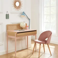 Lilou - Bureau enfant 1 tiroir en bois et cannage H95cm - Rose