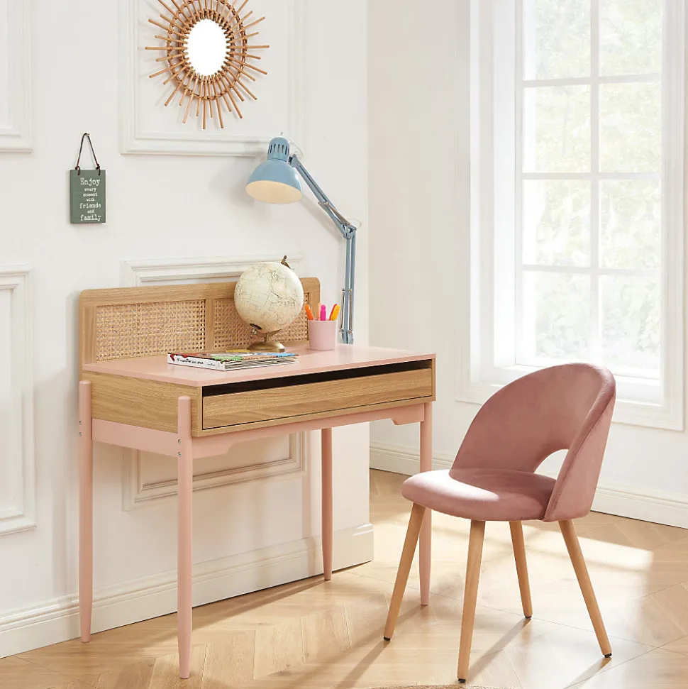 Lilou - Bureau enfant 1 tiroir en bois et cannage H95cm - Rose