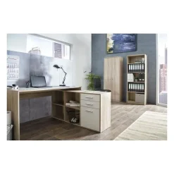 LONDON Bureau d'angle classique décor chene sonoma et blanc brillant - L 136 cm