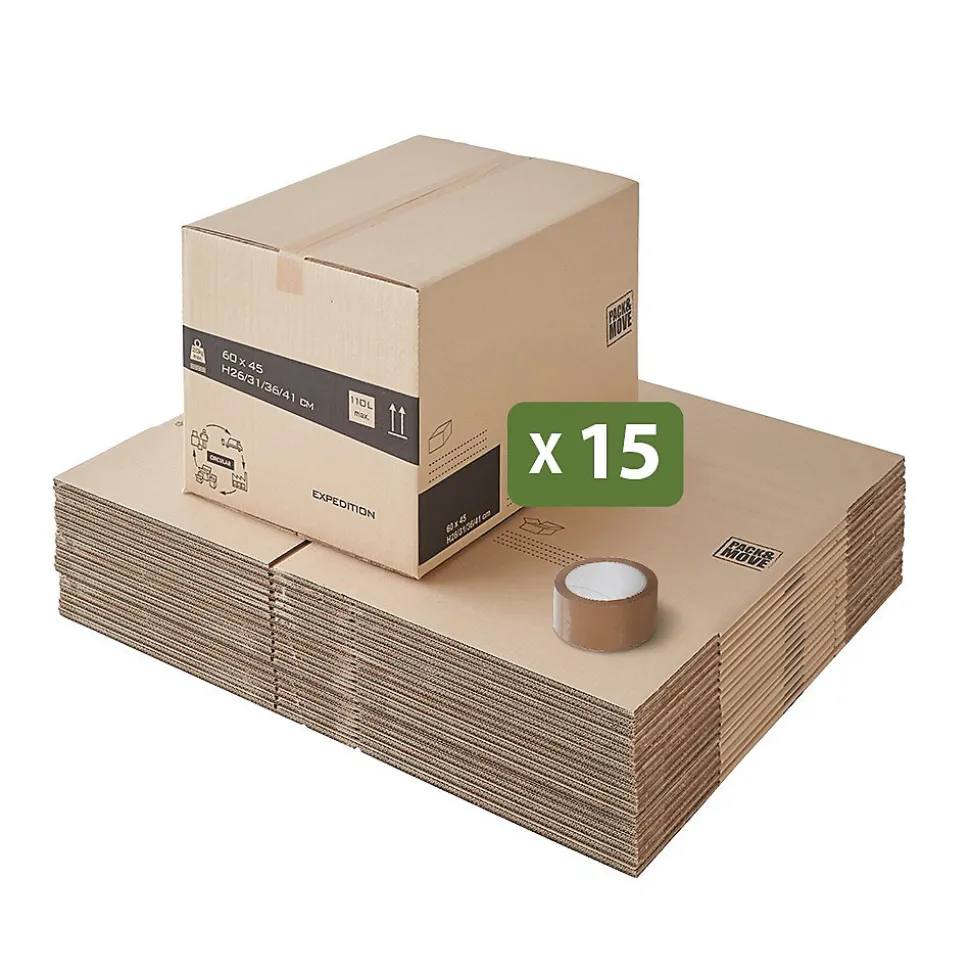 Lot 15 cartons déménagement hauteur modubale : variable - 60 x 45 x 31-41 cm - Poignées renforcées - 1 adhésif offert