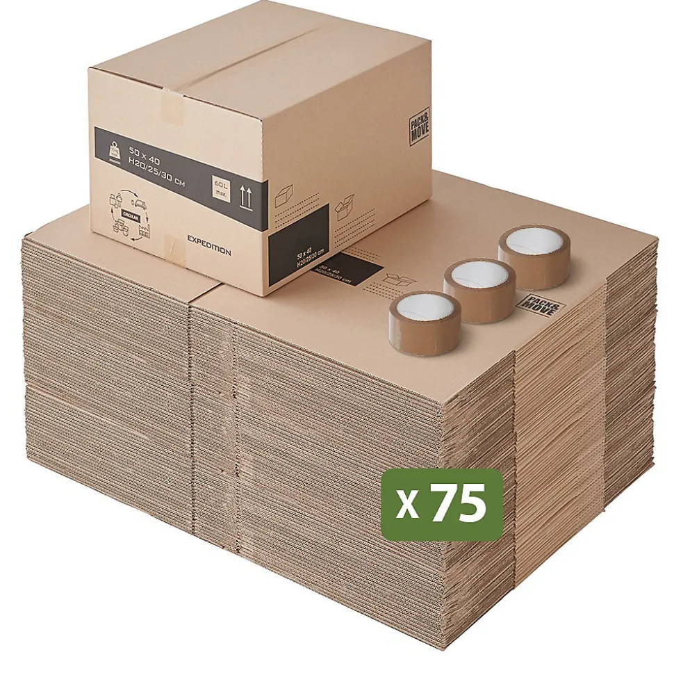 Lot 75 cartons déménagement hauteur modubale : variable - 50 x 40 x 20-30 cm - Poignées renforcées - 3 adhésifs offerts