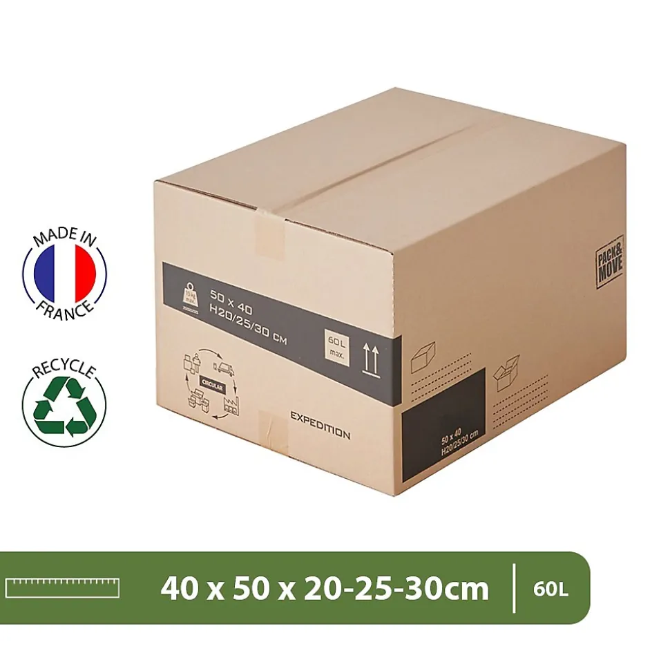Lot 75 cartons déménagement hauteur modubale : variable - 50 x 40 x 20-30 cm - Poignées renforcées - 3 adhésifs offerts