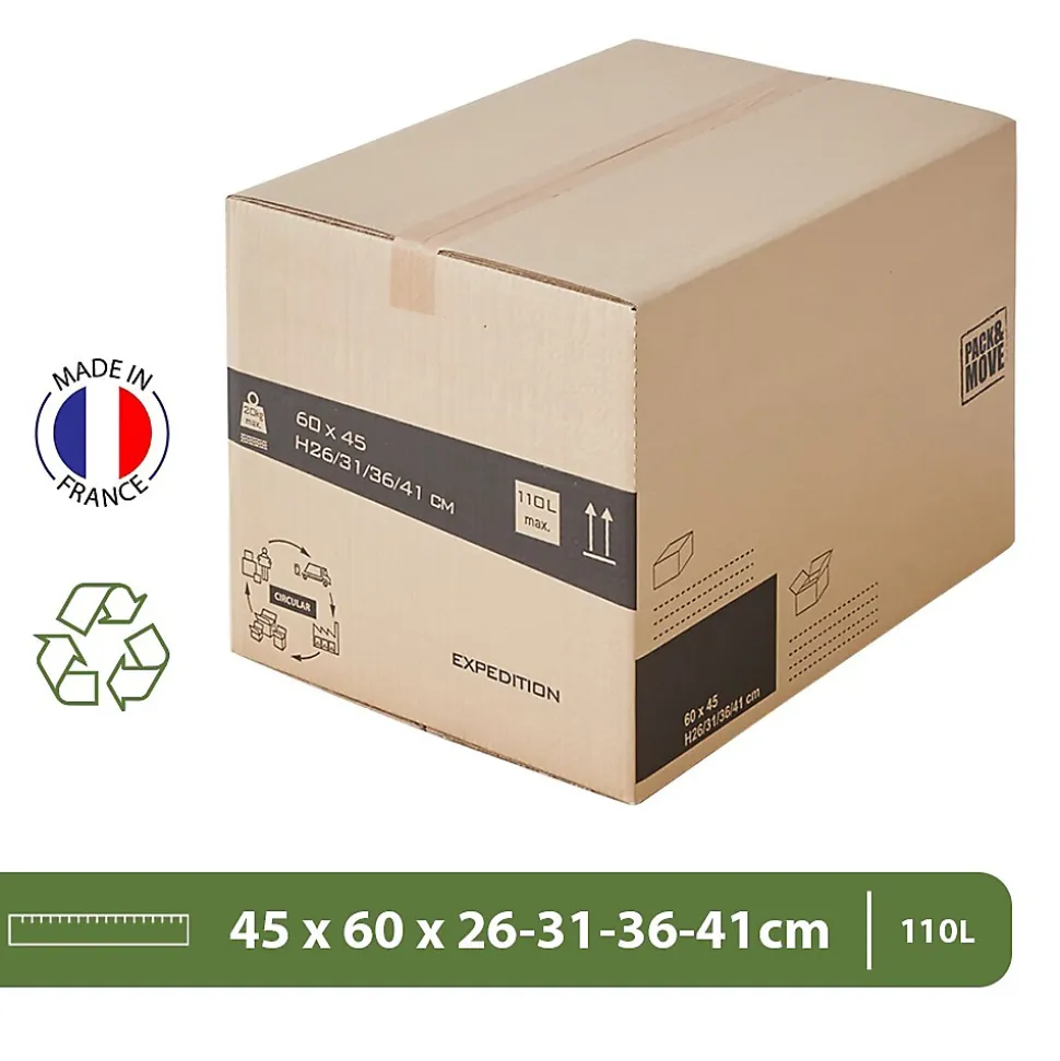 Lot 75 cartons déménagement hauteur modubale : variable - 50 x 40 x 20-30 cm - Poignées renforcées - 3 adhésifs offerts