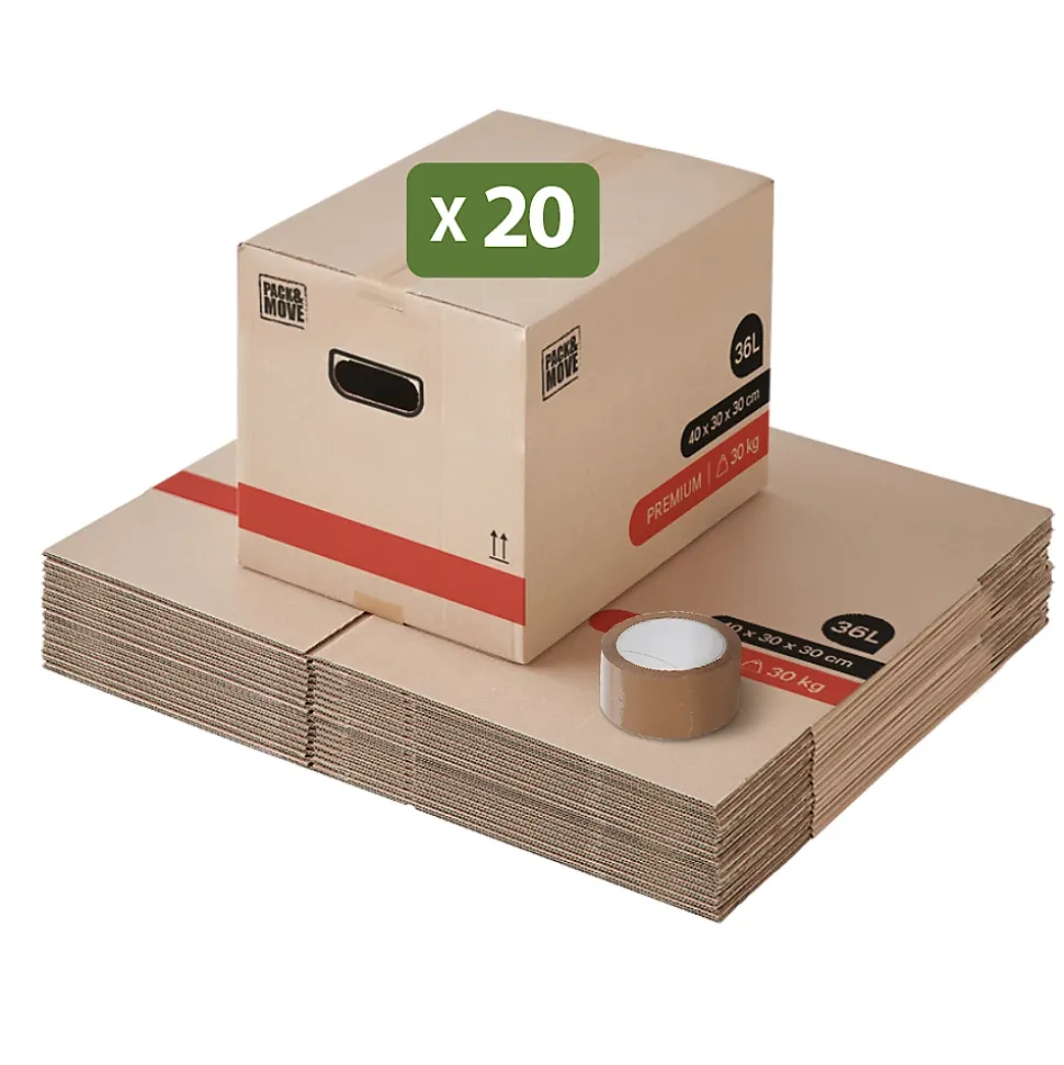 Lot 20 Cartons Déménagement Livres Premium - 40 X 30 X 30 Cm - Extrême Résistance 20 KG - Poignées Renforcées - 1 Adhésif Offert